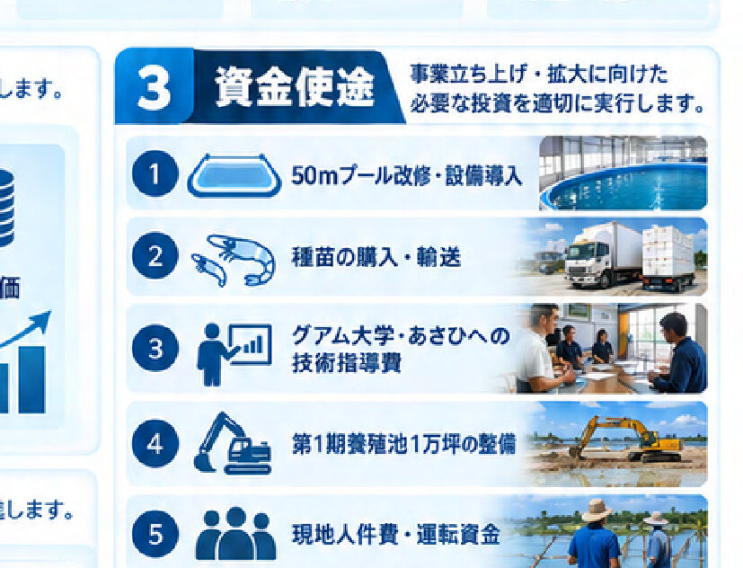 資金使途の内訳（プール改修・種苗・技術指導・養殖池整備・人件費）